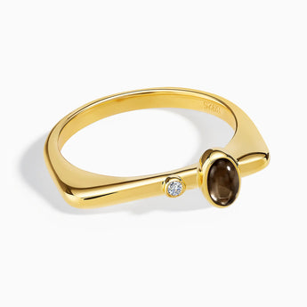 18KT Yellow Gold Vermeil Cabochon Smoky Quartz Puzzle Stacking Ring - Minimal Bubble Front View