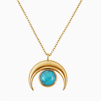 18KT Yellow Gold Vermeil Cabochon Turquoise Crescent Moon Necklace - Lunar Halo Front View