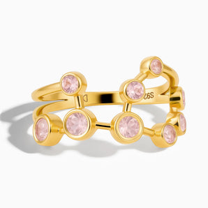 18KT Yellow Gold Vermeil Cancer Zodiac Constellation Ring - Rose Quartz Front View
