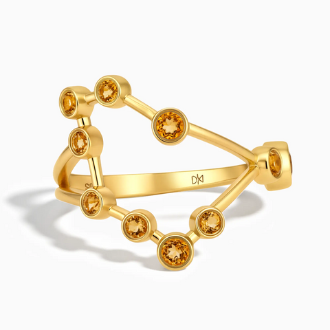 18KT Yellow Gold Vermeil Capricorn Zodiac Constellation Ring - Citrine Front View