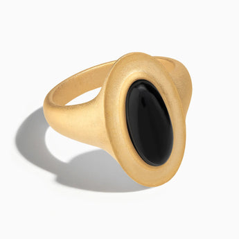18KT Yellow Gold Vermeil Chunky Oval Black Onyx Sandblasted Ring - The Zenith Front View