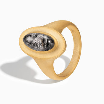 18KT Yellow Gold Vermeil Chunky Oval Black Rutilated Quartz Sandblasted Ring - The Zenith Side View