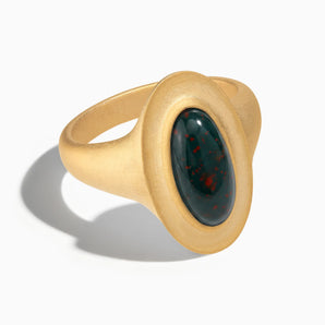 18KT Yellow Gold Vermeil Chunky Oval Bloodstone Sandblasted Ring - The Zenith Front View
