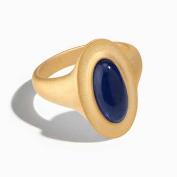 18KT Yellow Gold Vermeil Chunky Oval Blue Sapphire Sandblasted Ring - The Zenith Front View