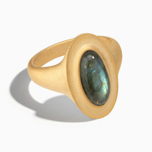 18KT Yellow Gold Vermeil Chunky Oval Labradorite Sandblasted Ring - The Zenith Front View
