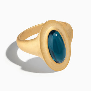 18KT Yellow Gold Vermeil Chunky Oval London Blue Topaz Sandblasted Ring - The Zenith Front View