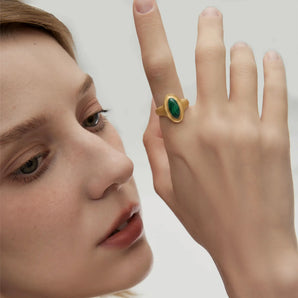 18KT Yellow Gold Vermeil Chunky Oval Malachite Sandblasted Ring - The Zenith Worn View