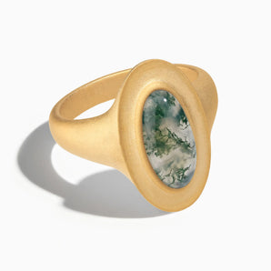 18KT Yellow Gold Vermeil Chunky Oval Moss Agate Sandblasted Ring - The Zenith Front View