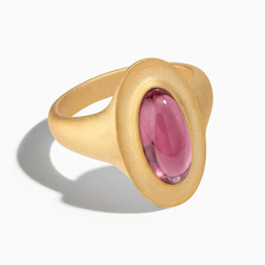 18KT Yellow Gold Vermeil Chunky Oval Pink Tourmaline Sandblasted Ring - The Zenith Front View