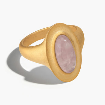 18KT Yellow Gold Vermeil Chunky Oval Rose Quartz Sandblasted Ring - The Zenith Front View
