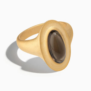 18KT Yellow Gold Vermeil Chunky Oval Smoky Quartz Sandblasted Ring - The Zenith Front View