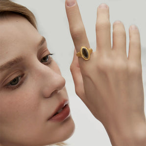 18KT Yellow Gold Vermeil Chunky Oval Smoky Quartz Sandblasted Ring - The Zenith Worn View