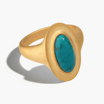 18KT Yellow Gold Vermeil Chunky Oval Turquoise Sandblasted Ring - The Zenith Front View