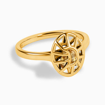 18KT Yellow Gold Vermeil Citrine Crescent Moon Hollow Oval Shaker Ring - Soul Cage Angled Front View