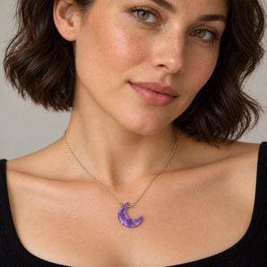 18KT Yellow Gold Vermeil Crescent Amethyst Pendant Necklace Nightfall Model Shot