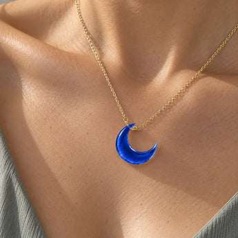 18KT Yellow Gold Vermeil Crescent Blue Sapphire Pendant Necklace - Nightfall Model Shot Close Up