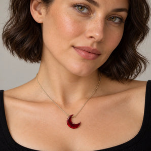 18KT Yellow Gold Vermeil Crescent Garnet Pendant Necklace Nightfall Model Shot