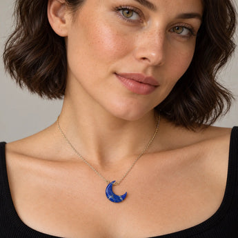 18KT Yellow Gold Vermeil Crescent Lapis Lazuli Pendant Necklace Nightfall Model Shot