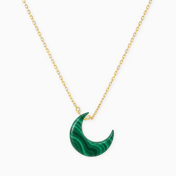 18KT Yellow Gold Vermeil Crescent Malachite Pendant Necklace - Nightfall Front View
