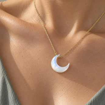 18KT Yellow Gold Vermeil Crescent Moonstone Pendant Necklace - Nightfall Model Shot Close Up