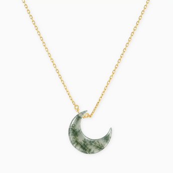 18KT Yellow Gold Vermeil Crescent Moss Agate Pendant Necklace - Nightfall Front View