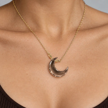 18KT Yellow Gold Vermeil Crescent Smoky Quartz Pendant Necklace Nightfall Model Shot Close Up