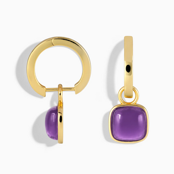 18KT Yellow Gold Vermeil Cushion Amethyst Bezel Hoop Earrings - Quiet Sway Front View