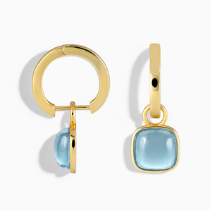 18KT Yellow Gold Vermeil Cushion Aquamarine Bezel Hoop Earrings - Quiet Sway Front View