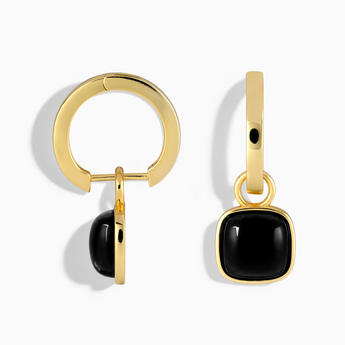 18KT Yellow Gold Vermeil Cushion Black Onyx Bezel Hoop Earrings - Quiet Sway Front View