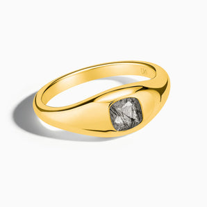 18KT Yellow Gold Vermeil Cushion Black Rutilated Quartz Signet Ring - Monolith Front View