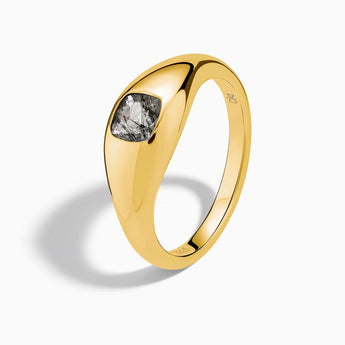 18KT Yellow Gold Vermeil Cushion Black Rutilated Quartz Signet Ring - Monolith Side View