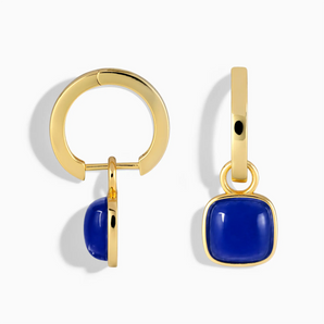 18KT Yellow Gold Vermeil Cushion Blue Sapphire Bezel Hoop Earrings - Quiet Sway Front View