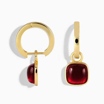 18KT Yellow Gold Vermeil Cushion Garnet Bezel Hoop Earrings - Quiet Sway Front View