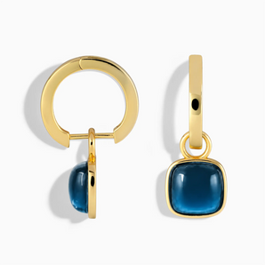 18KT Yellow Gold Vermeil Cushion London Blue Topaz Bezel Hoop Earrings - Quiet Sway Front View