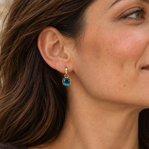 18KT Yellow Gold Vermeil Cushion London Blue Topaz Bezel Hoop Earrings - Quiet Sway Model Shot