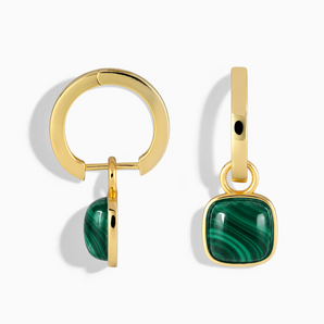 18KT Yellow Gold Vermeil Cushion Malachite Bezel Hoop Earrings - Quiet Sway Front View
