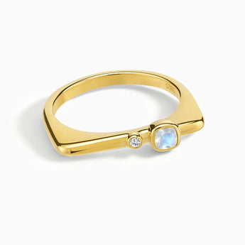 18KT Yellow Gold Vermeil Cushion Moonstone Puzzle Stacking Ring - Minimal Serenity Front View