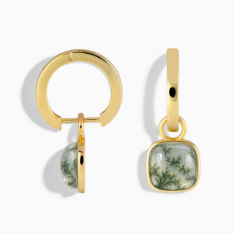 18KT Yellow Gold Vermeil Cushion Moss Agate Bezel Hoop Earrings - Quiet Sway Front View