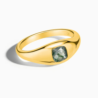 18KT Yellow Gold Vermeil Cushion Moss Agate Signet Ring - Monolith Front View