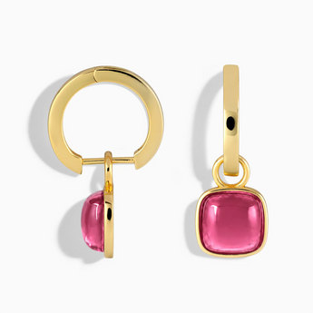 18KT Yellow Gold Vermeil Cushion Pink Tourmaline Bezel Hoop Earrings - Quiet Sway Front View