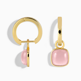 18KT Yellow Gold Vermeil Cushion Rose Quartz Bezel Hoop Earrings - Quiet Sway Front View