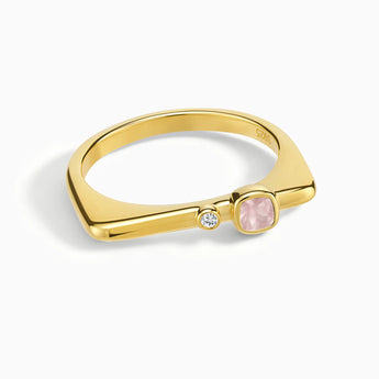 18KT Yellow Gold Vermeil Cushion Rose Quartz Puzzle Stacking Ring - Minimal Serenity Front View
