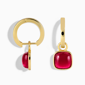 18KT Yellow Gold Vermeil Cushion Ruby Bezel Hoop Earrings - Quiet Sway Front View