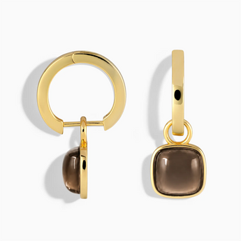 18KT Yellow Gold Vermeil Cushion Smoky Quartz Bezel Hoop Earrings - Quiet Sway Front View