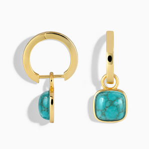 18KT Yellow Gold Vermeil Cushion Turquoise Bezel Hoop Earrings - Quiet Sway Front View