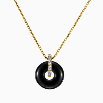 18KT Yellow Gold Vermeil Donut Black Onyx Pave Bar Necklace - Origin Loop Front View