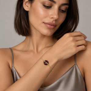 18KT Yellow Gold Vermeil Donut Garnet Bracelet Entwined Beauty Model Shot