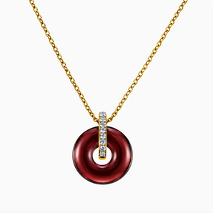 18KT Yellow Gold Vermeil Donut Garnet Pave Bar Necklace - Origin Loop Front View