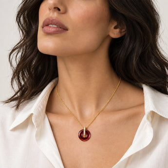18KT Yellow Gold Vermeil Donut Garnet Pave Bar Necklace Origin Loop Model Shot Close Up