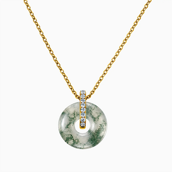18KT Yellow Gold Vermeil Donut Moss Agate Pave Bar Necklace - Origin Loop Front View